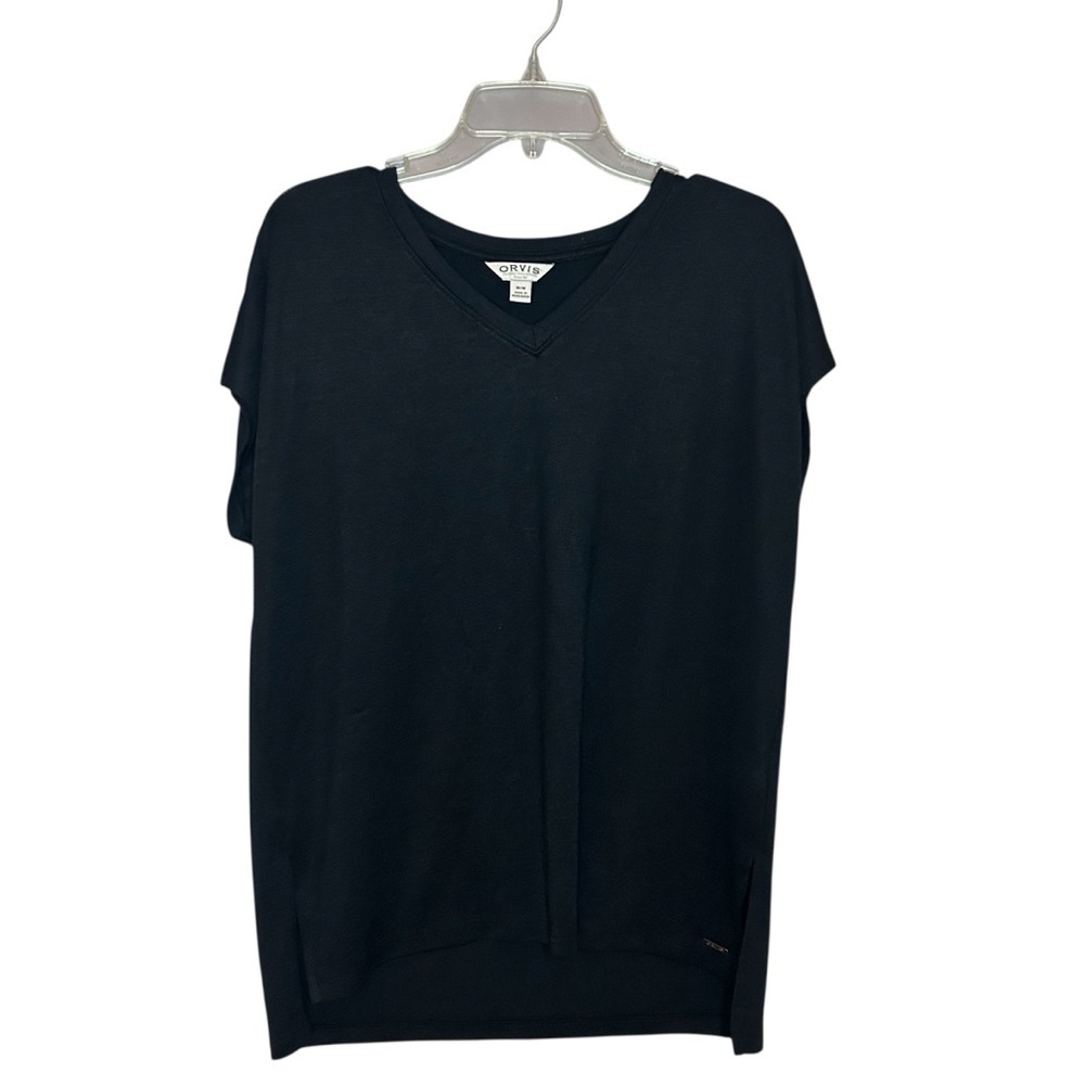 Orvis Women's Black V Neck Short Sleeve Sweater Top Split Hem Size M